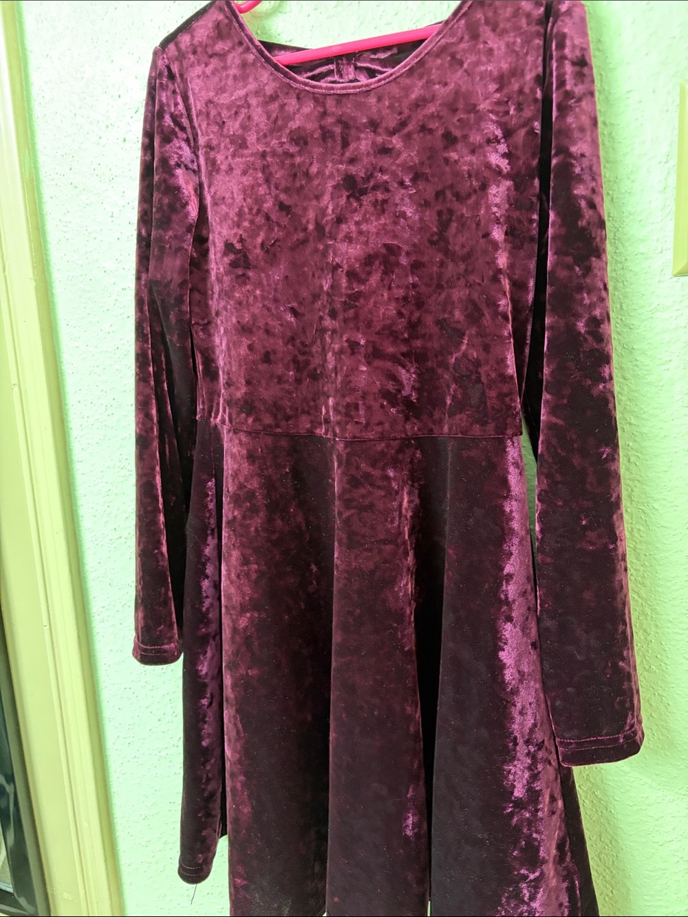 Kids Long-Sleeve Velvet Skater Dress - Wine Purple